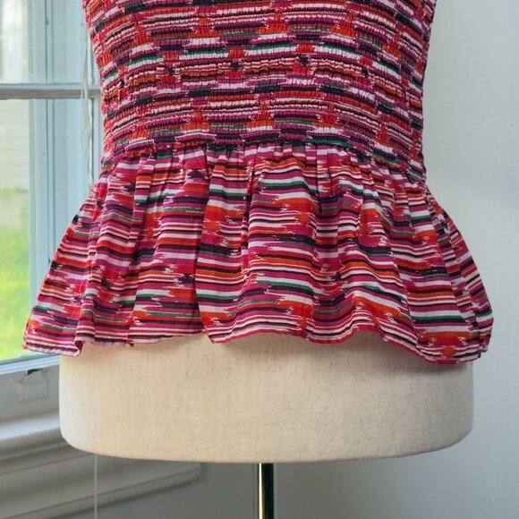 Loft Peplum Top Pink Striped Smocked Blouse 100% Cotton Dressy Casual Preppy Y2K - Picture 2 of 9